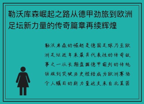 勒沃库森崛起之路从德甲劲旅到欧洲足坛新力量的传奇篇章再续辉煌